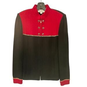 St. John Sweater Jacket Red Zip Front Long Sleeve Black Gold Chain Accent Size 6